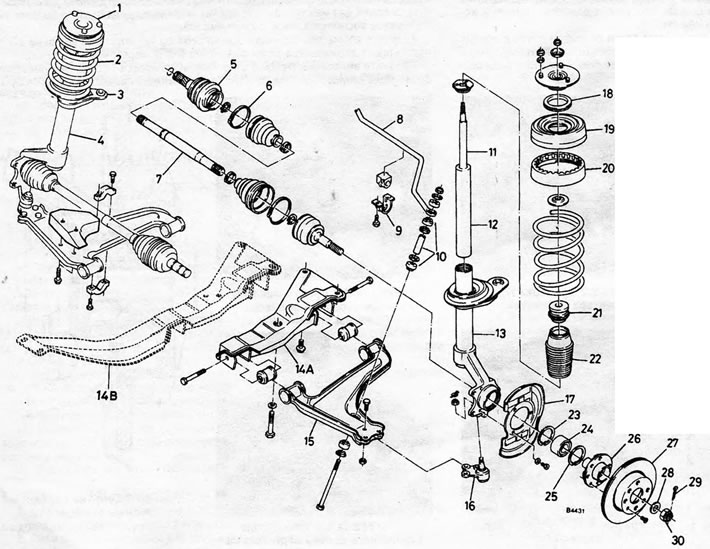 Figure 10.1 — Front suspension components (disassembled). 1. Upper support of the rack.; 2. Spiral…