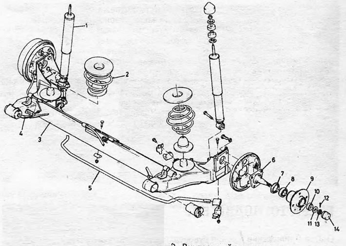 Figure 10.2 — Rear suspension components (disassembled): 1. Shock absorber.; 2. Spiral spring.; 3.…