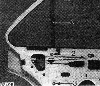 Figure 11.15. Rear door glass fastenings: 1. Upper mount; 2. Central fixing screw of the glass…