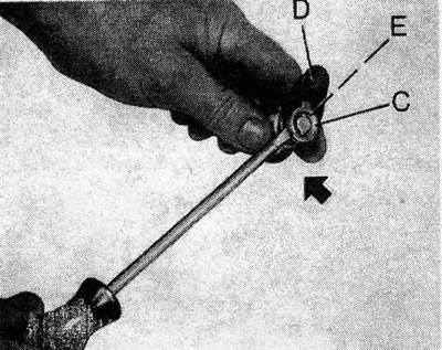 Рисунок 11.26. Отсоединение кожуха цилиндра замка от рычага С - кожух Е - пружинный зажим; D - рычаг