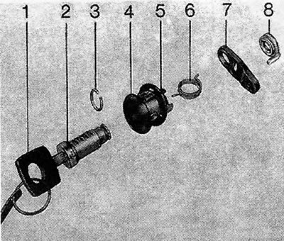Рисунок 11.27. Детальное изображение цилиндра замка: 1. Ключ; 2. Цилиндр; 3. Пружинный зажим 4.…