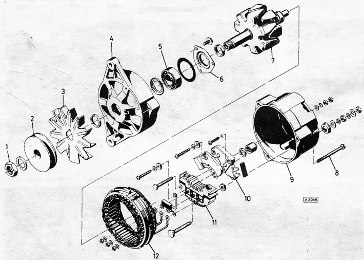 Figura 12.2. Vedere detaliată a unui generator de tip Delco-Remy:1. Piulița scripetelui; 2.…