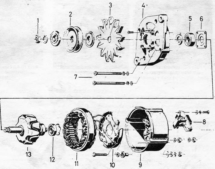 Figure 12.4. Detailed image of a Bosch type generator: 1. Pulley nut; 2. Pulley; 3. Fan; 4. Drive…