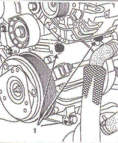 Figure 4.107. Unscrew the three bolts 1 securing the air conditioning compressor.