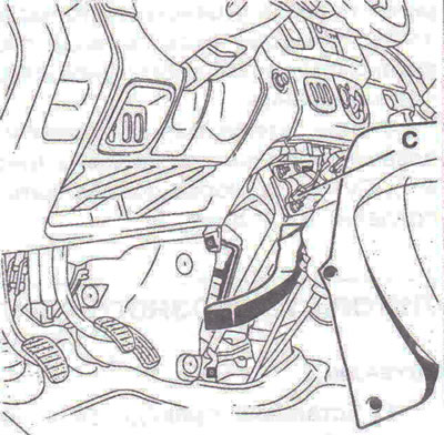 Figure 9.3. Remove the center console to gain access to the hazard warning light switch connector C.