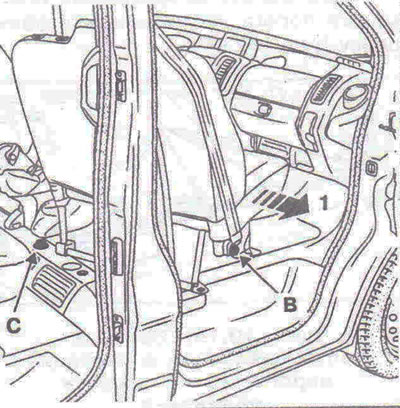 Figure 10.21. Loosen the belt fastening bolt 8 on the bench seat. Secure the sill trim, then…