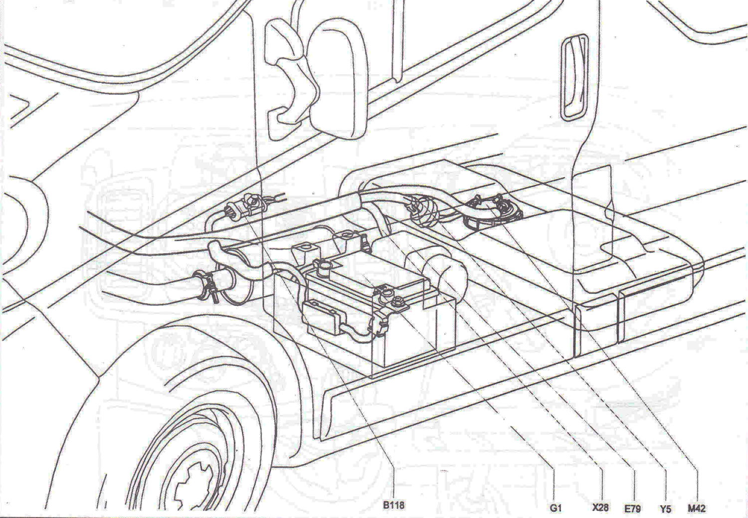 Wiring location under the body of a car with a gasoline engine