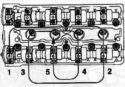 Working in a spiral from the outside to the inside, loosen the camshaft bearing cap bolts one-half…