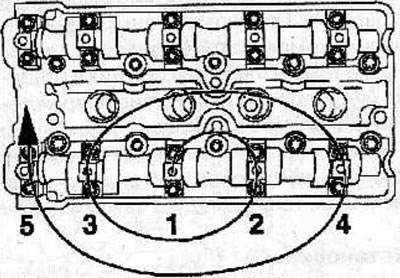 Install the camshaft bearing caps back into the cylinder head. In several passes, in a spiral from…