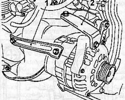 Install the support bracket (1) and the generator mounting bracket (2) and tighten the long bolts…