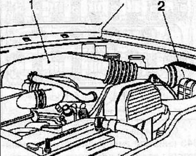 Install the air intake tube (1) and air filter housing cover (2) together (see the relevant…