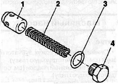 Remove the plug (arrow) of the safety valve from the oil pump, then remove the sealing ring (3),…