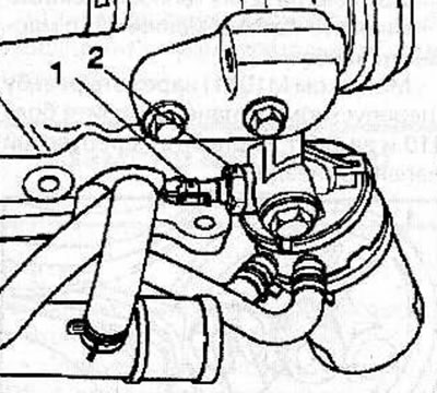 Disconnect the connector (1) from the oil pressure sensor (2), then unscrew the oil pressure sensor…