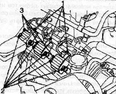 Remove 2 bolts (2) on each ignition coil, disconnect the connectors (1) and remove the ignition…