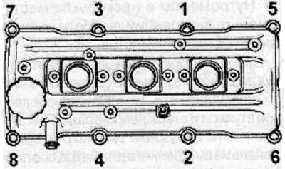 Tighten the cylinder head cover bolts to 9 Nm in the sequence shown in the illustration.