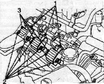 Install the ignition coils (3) on the cylinder head and secure with the bolts (2), tightening them…