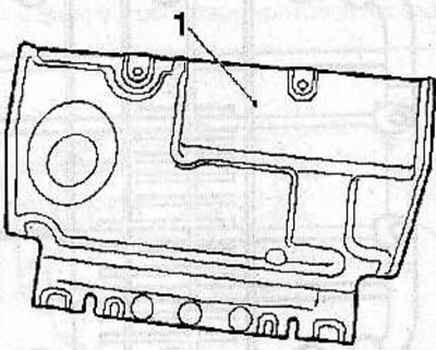 Remove 2 bolts and 2 nuts and remove the lower protection (1) of the engine compartment.