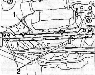 Remove 4 nuts, 4 bolts and remove the rear beam (1) from the front of the frame.