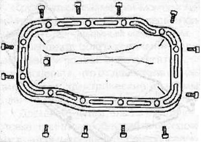 Remove 12 oil pan mounting bolts.