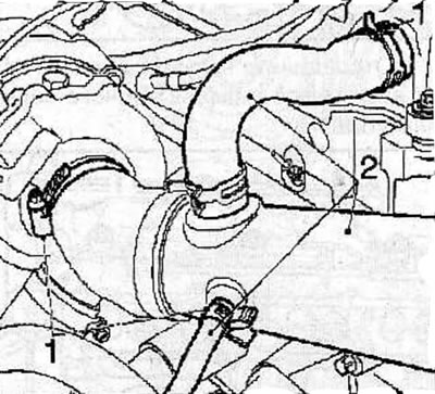 Loosen the clamps (1) and disconnect the 3 air intake pipes (2) from the turbocharger.