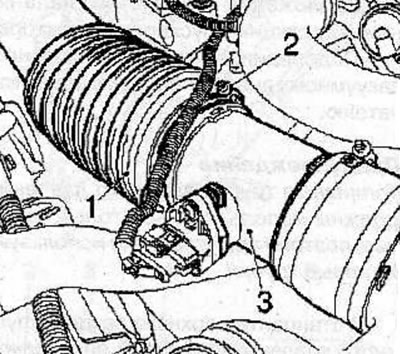 Loosen the clamps (2), carefully disconnect the air intake pipe (1) from the air flow meter (3) and…