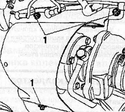 Remove 3 bolts (1) and remove the turbocharger heat shield.