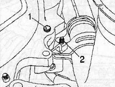 Remove bolt (1) and disconnect the second exhaust manifold support bracket from the transmission.