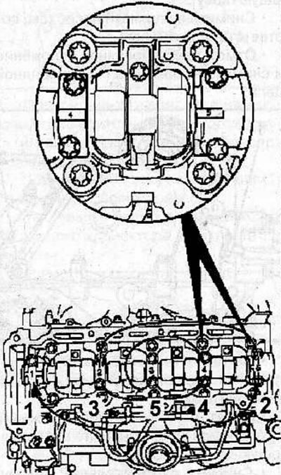 Loosen the camshaft bearing cap bolts by turning them half a turn or a full turn in a spiral motion…