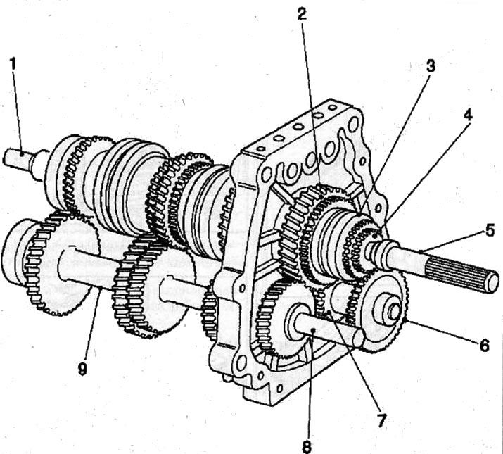 Shafts and gears: 1 - input shaft; 2 - reverse gear pinion; 3 - 5th gear/reverse gear synchronizer…