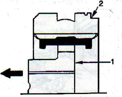 Install the reverse/5th gear synchronizer, aligning the flat side (1) of the hub with the groove…