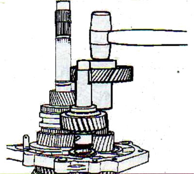 Using a soft hammer, install the 5th gear intermediate shaft gear and the reverse gear intermediate…