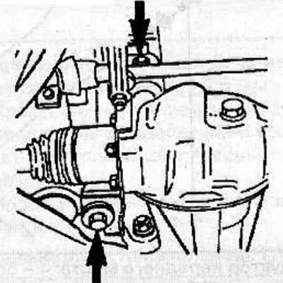 Loosen the nuts and remove the bolts securing the front and rear bushings of the right front axle…