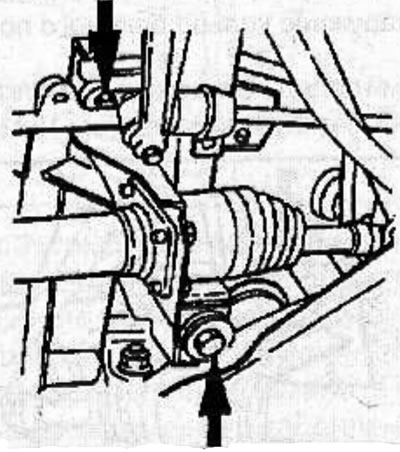 Loosen the nuts and remove the bolts securing the front and rear bushings of the left front axle…