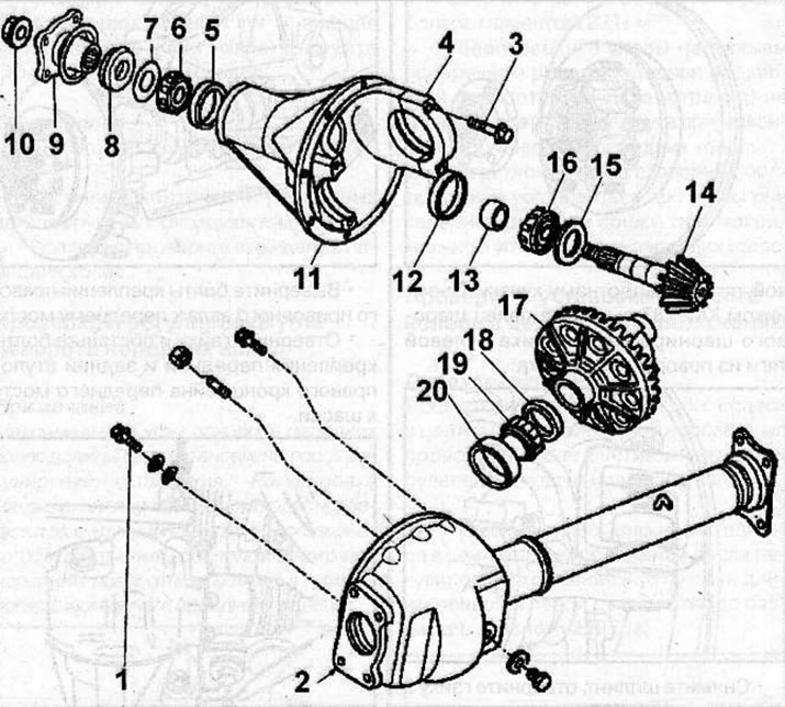 Front axle gearbox: 1 - bolt; 2 - bridge beam body; 3 - bolt; 4 - bearing cap; 5 - outer ring of…