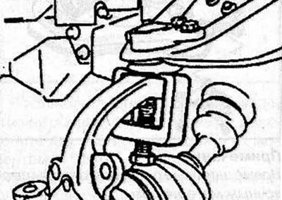 Remove the cotter pin, unscrew the nut and use the KM-787 puller to remove the upper ball joint…