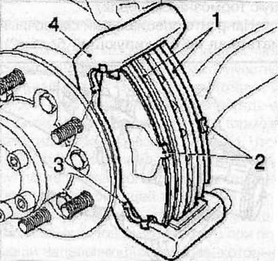 Install the brake shoe guide (4) onto the steering knuckle.