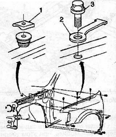 Remove the rubber bonnet support mounts in the closed position from the tabs (2).
