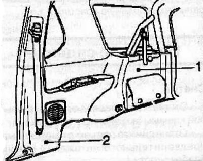 Install the inner trim (2) of the front part of the rear wing (see the relevant chapter).