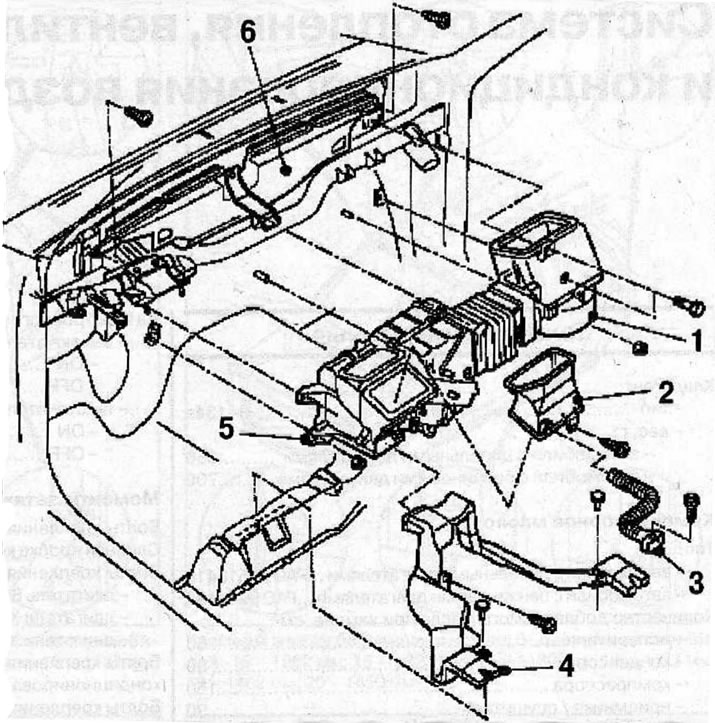 Location of heating and ventilation system elements in the car interior: 1 - Fan unit; 2 - air duct…