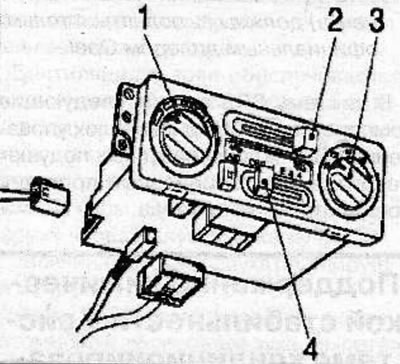 Heating and ventilation control unit: 1 - air temperature control handle; 2 - ventilation control…
