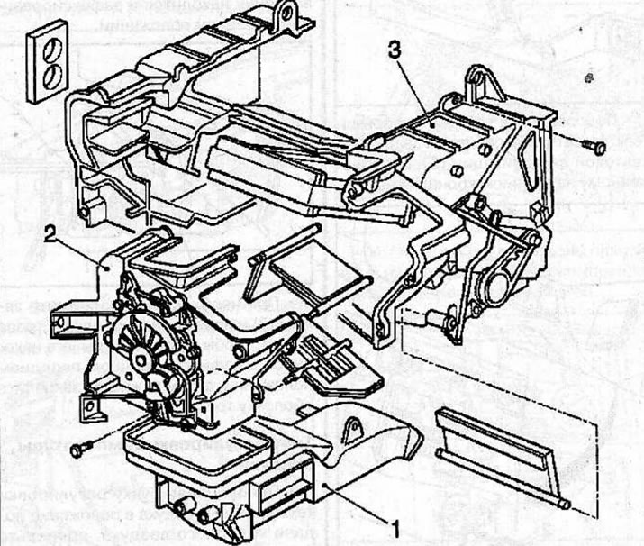 Heater radiator: 1 - air duct; 2 - air flow distribution mode selection unit; 3 - air temperature…