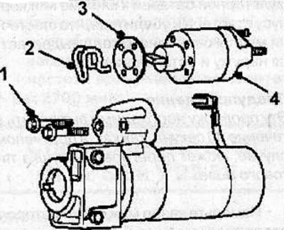 Remove 2 bolts (1) and remove the starter solenoid relay (4).