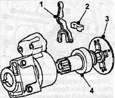 Remove the rubber cushion (2), return lever (1), center plate (3) and freewheel clutch (4) with…