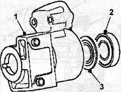 Remove the ball bearing (2) and bearing cap (3) from the starter front cover (1).