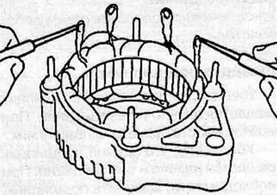 Use an ohmmeter to check for conductivity between the terminals of each stator coil.