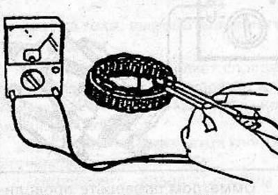 Use an ohmmeter to check for conductivity between the terminals of individual stator coils. If…