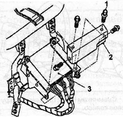 Drill out the shear head bolt (1) securing the anti-theft plate (2) to the engine control unit (3),…