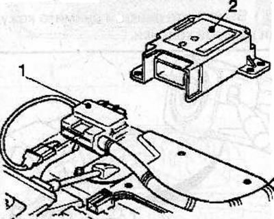 Disconnect the connector (1) from the airbag control unit (2).