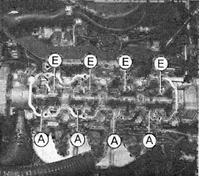 The photograph shows the location of the intake (E) and exhaust (A) valves in the cylinder head of…