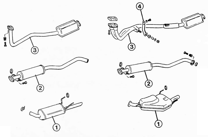 Komponenty výfukového systému vo Vectre. Vľavo je prevedenie pre 8-ventilový motor, vpravo verzia…